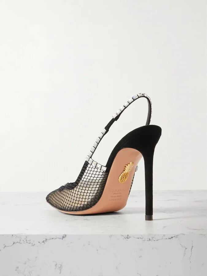 Aquazzura - Forbidden Love 105 Embellished Suede-trimmed Mesh Slingback Pumps - Black - Image 3