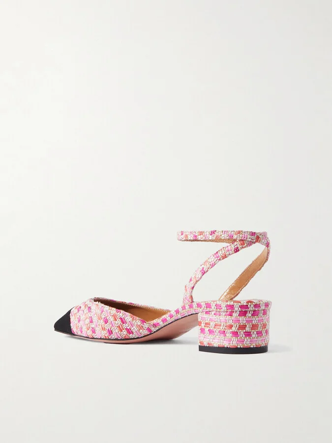 Aquazzura - French Flirt 35 Grosgrain-trimmed Metallic Woven Raffia Mary-jane Pumps - Pink - Image 3