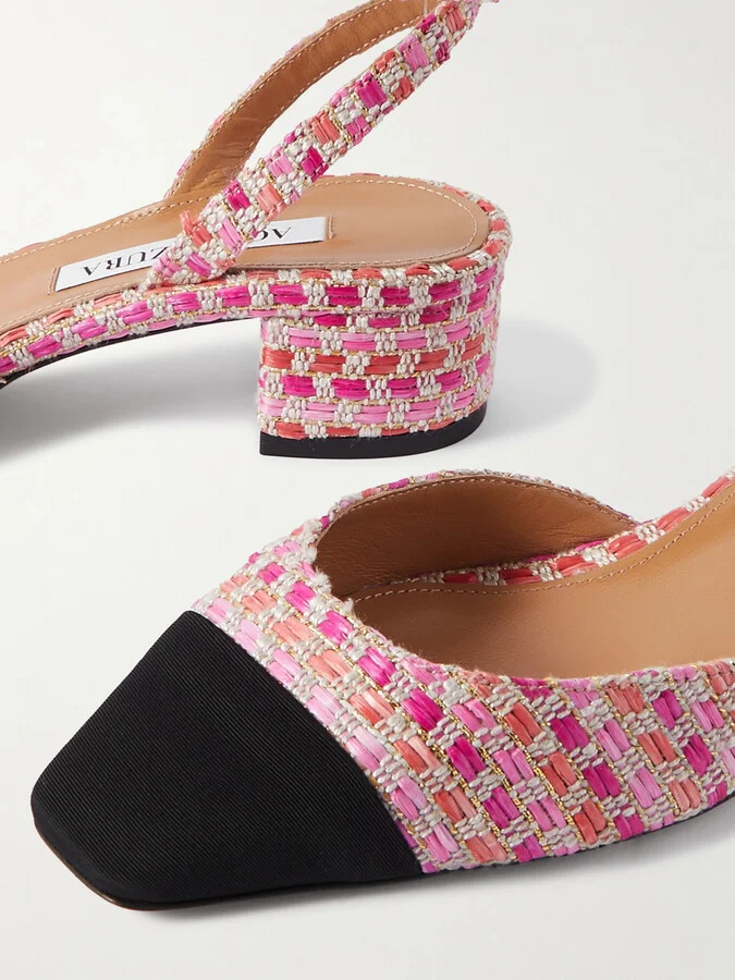 Aquazzura - French Flirt 35 Grosgrain-trimmed Metallic Woven Raffia Mary-jane Pumps - Pink - Image 4