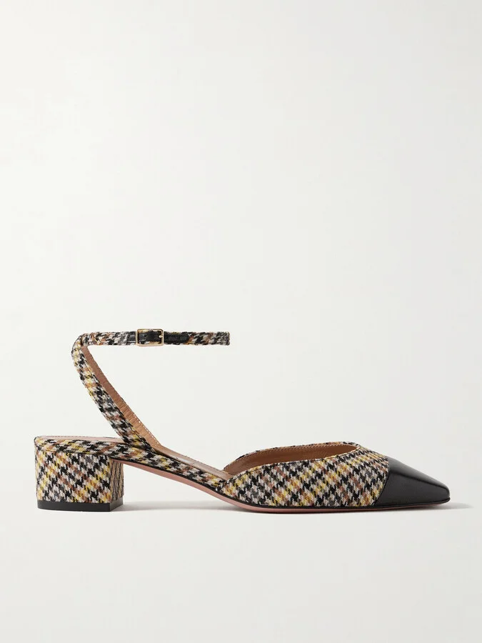 Aquazzura - French Flirt 35 Leather-trimmed Checked Houndstooth Woven Pumps - Yellow