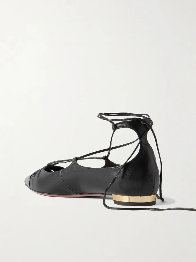 Aquazzura - Gabi Lace-up Glossed-leather Point-toe Flats - Black - Image 3