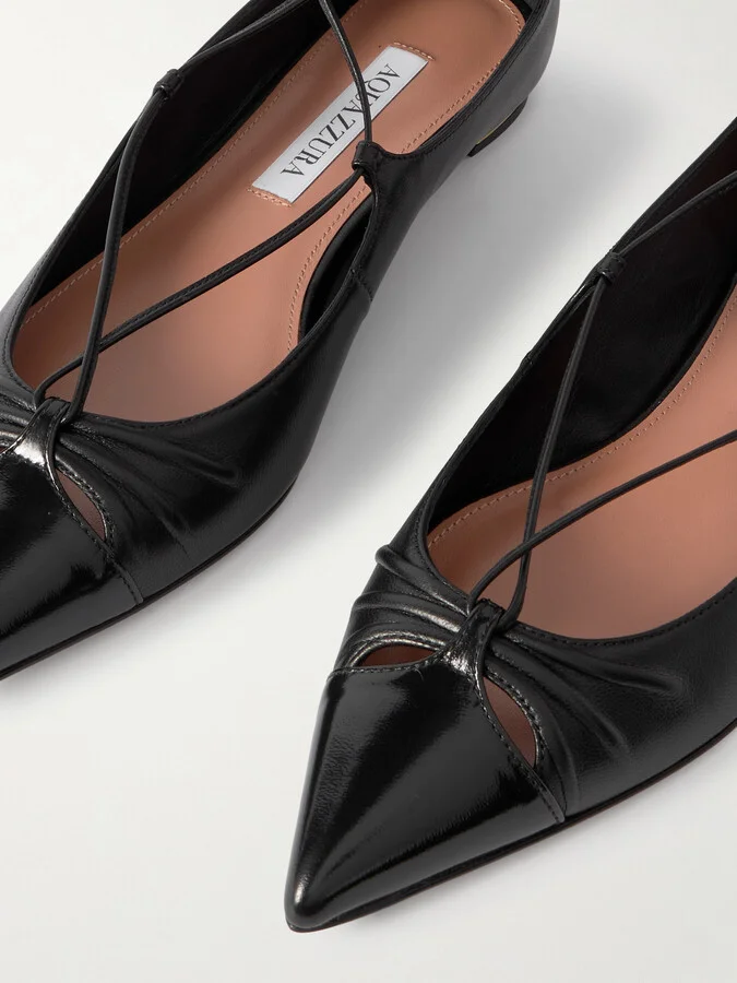 Aquazzura - Gabi Lace-up Glossed-leather Point-toe Flats - Black - Image 4