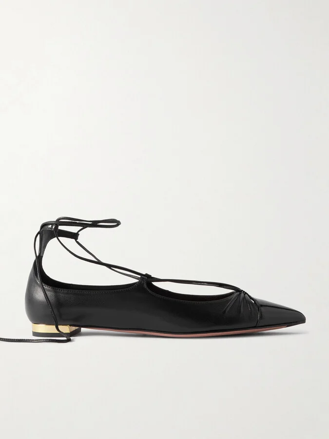Aquazzura - Gabi Lace-up Glossed-leather Point-toe Flats - Black