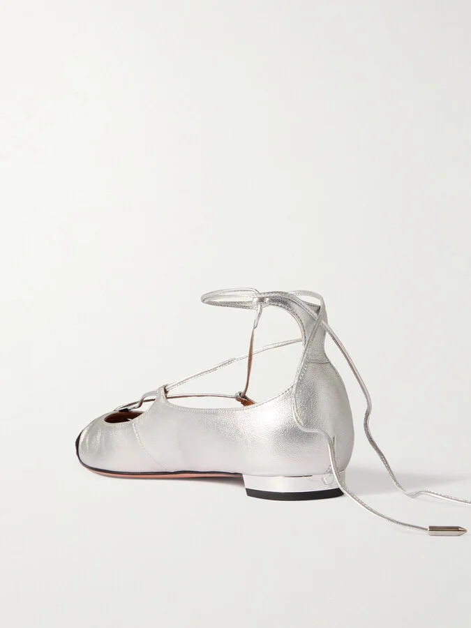 Aquazzura - Gabi Lace-up Metallic Leather Point-toe Flats - Silver - Image 3