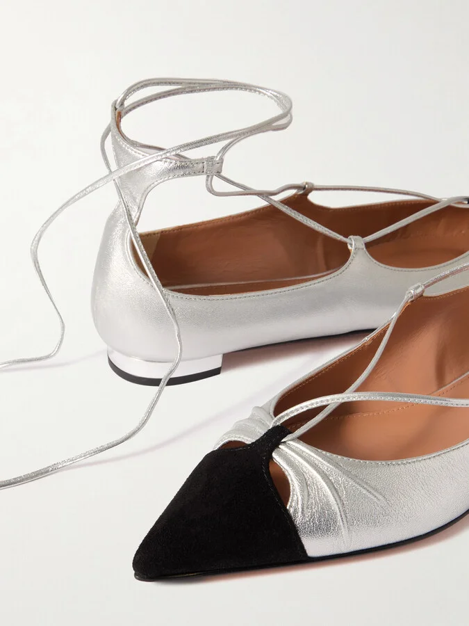 Aquazzura - Gabi Lace-up Metallic Leather Point-toe Flats - Silver - Image 4