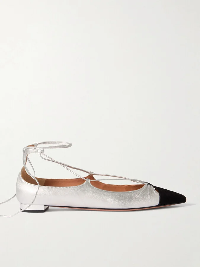 Aquazzura - Gabi Lace-up Metallic Leather Point-toe Flats - Silver