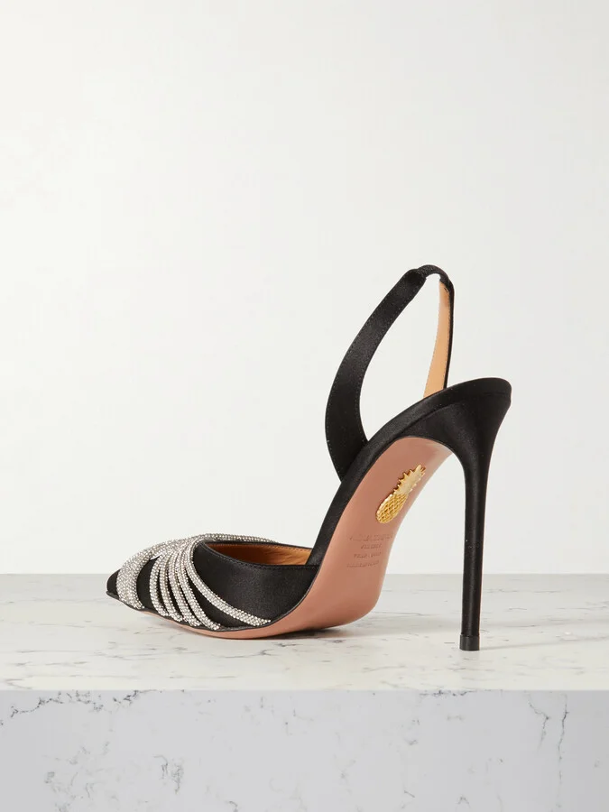 Aquazzura - Gatsby 105 Crystal-embellished Satin Slingback Pumps - Black - Image 3
