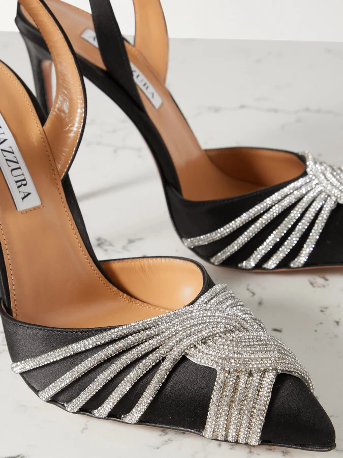 Aquazzura - Gatsby 105 Crystal-embellished Satin Slingback Pumps - Black - Image 4