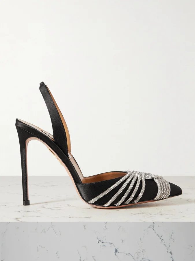 Aquazzura - Gatsby 105 Crystal-embellished Satin Slingback Pumps - Black