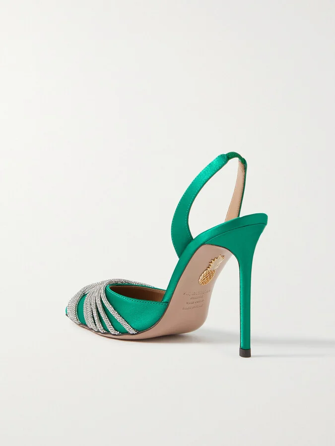Aquazzura - Gatsby 105 Crystal-embellished Satin Slingback Pumps - Green - Image 3