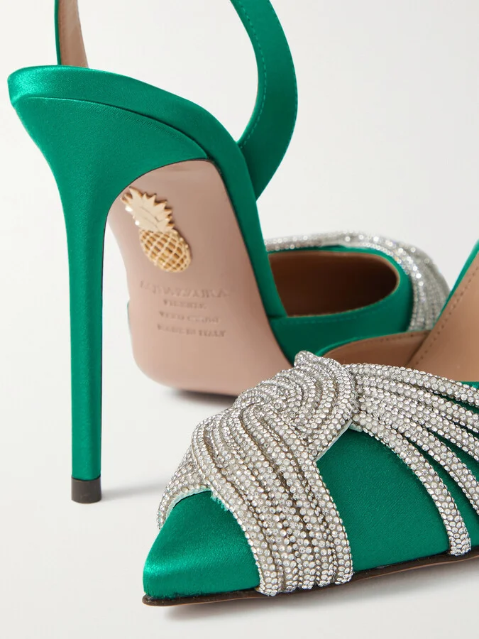 Aquazzura - Gatsby 105 Crystal-embellished Satin Slingback Pumps - Green - Image 4