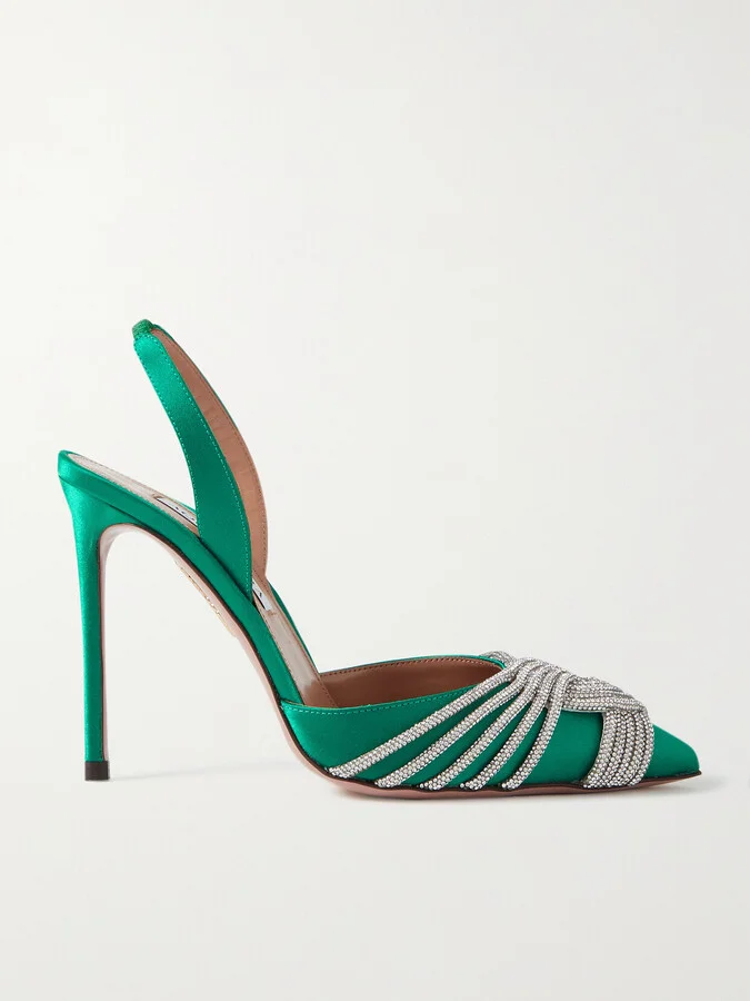 Aquazzura - Gatsby 105 Crystal-embellished Satin Slingback Pumps - Green