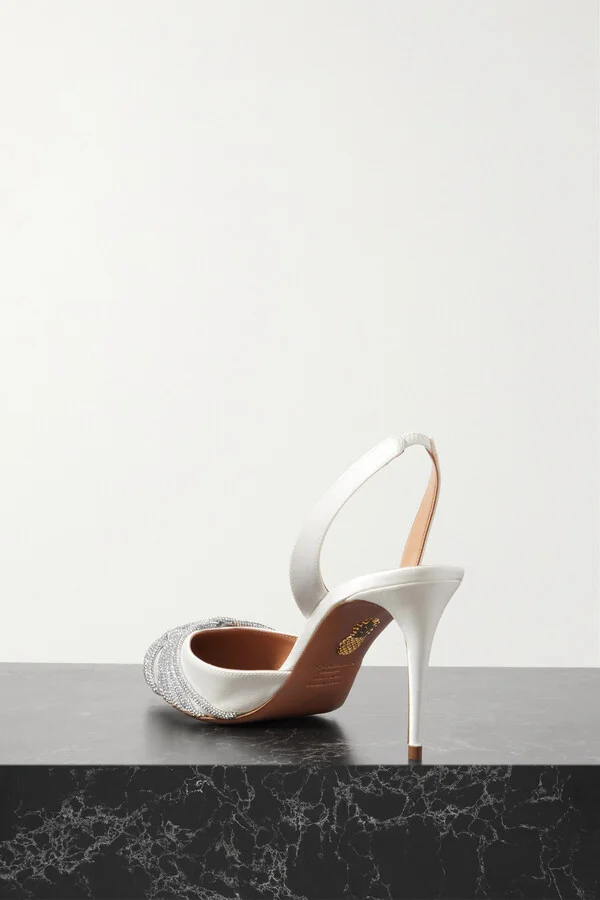 Aquazzura - Gatsby 75 Crystal-embellished Satin Slingback Pumps - White - Image 3