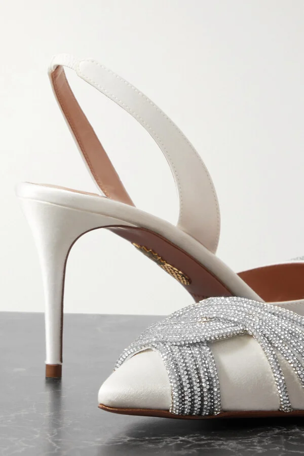 Aquazzura - Gatsby 75 Crystal-embellished Satin Slingback Pumps - White - Image 4