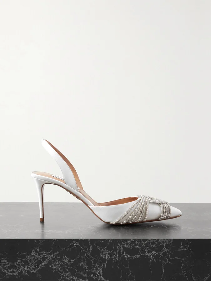 Aquazzura - Gatsby 75 Crystal-embellished Satin Slingback Pumps - White