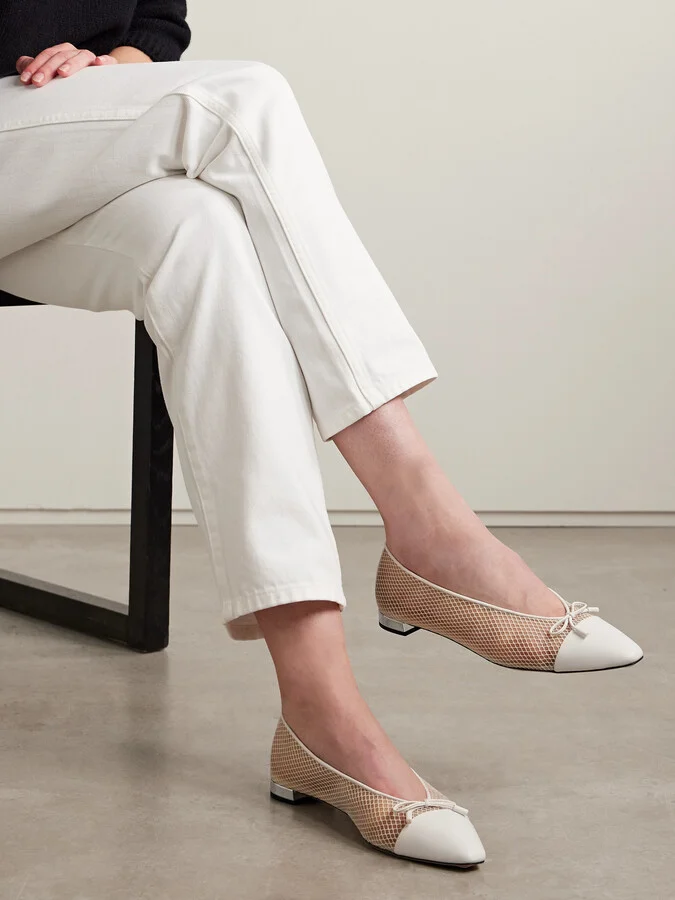 Aquazzura - Gioia Bow-detailed Leather-trimmed Mesh Ballet Flats - White - Image 2