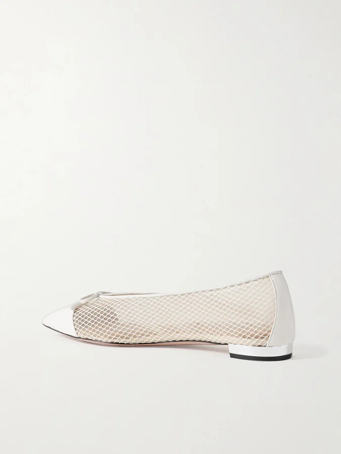 Aquazzura - Gioia Bow-detailed Leather-trimmed Mesh Ballet Flats - White - Image 3