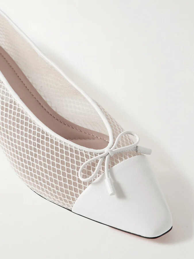 Aquazzura - Gioia Bow-detailed Leather-trimmed Mesh Ballet Flats - White - Image 4