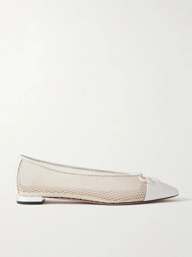 Aquazzura - Gioia Bow-detailed Leather-trimmed Mesh Ballet Flats - White