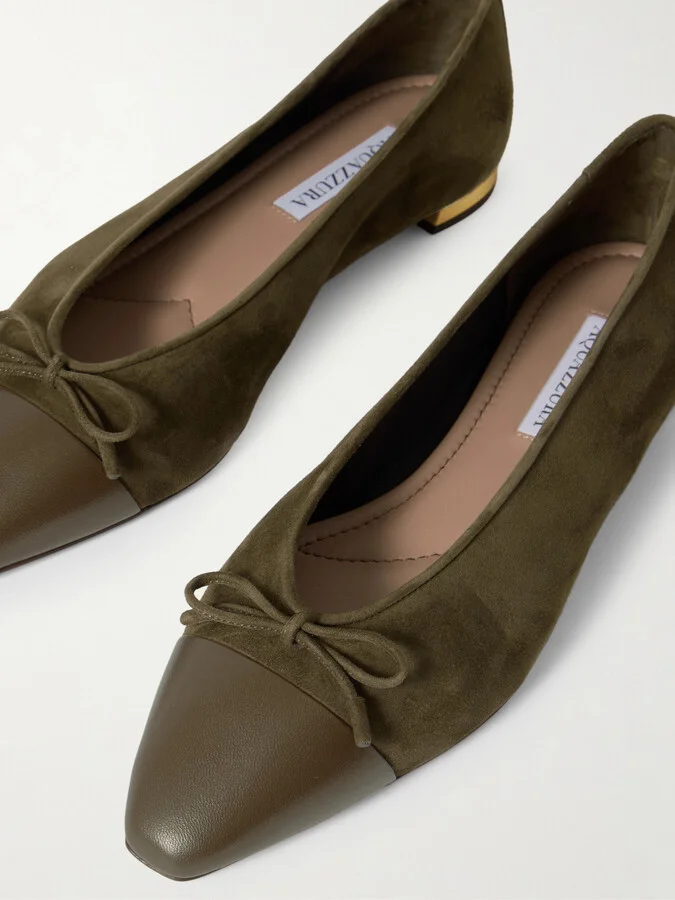 Aquazzura - Gioia Bow-detailed Leather-trimmed Suede Ballet Flats - Green - Image 4