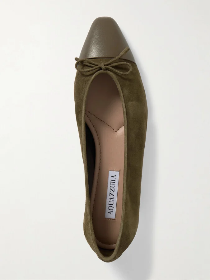 Aquazzura - Gioia Bow-detailed Leather-trimmed Suede Ballet Flats - Green - Image 5