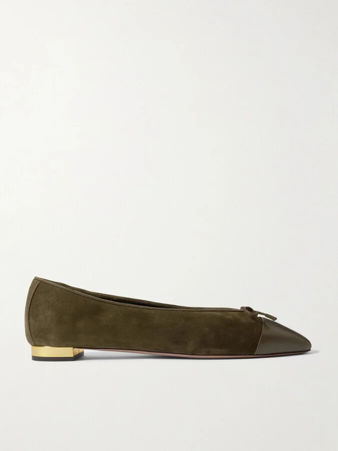 Aquazzura - Gioia Bow-detailed Leather-trimmed Suede Ballet Flats - Green