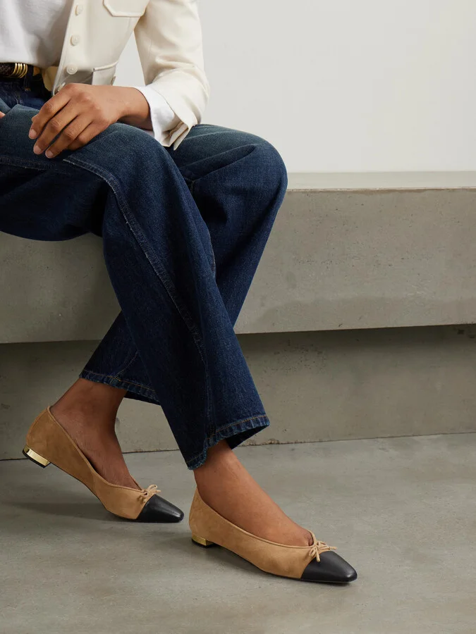 Aquazzura - Gioia Bow-detailed Leather-trimmed Suede Ballet Flats - Neutrals - Image 2