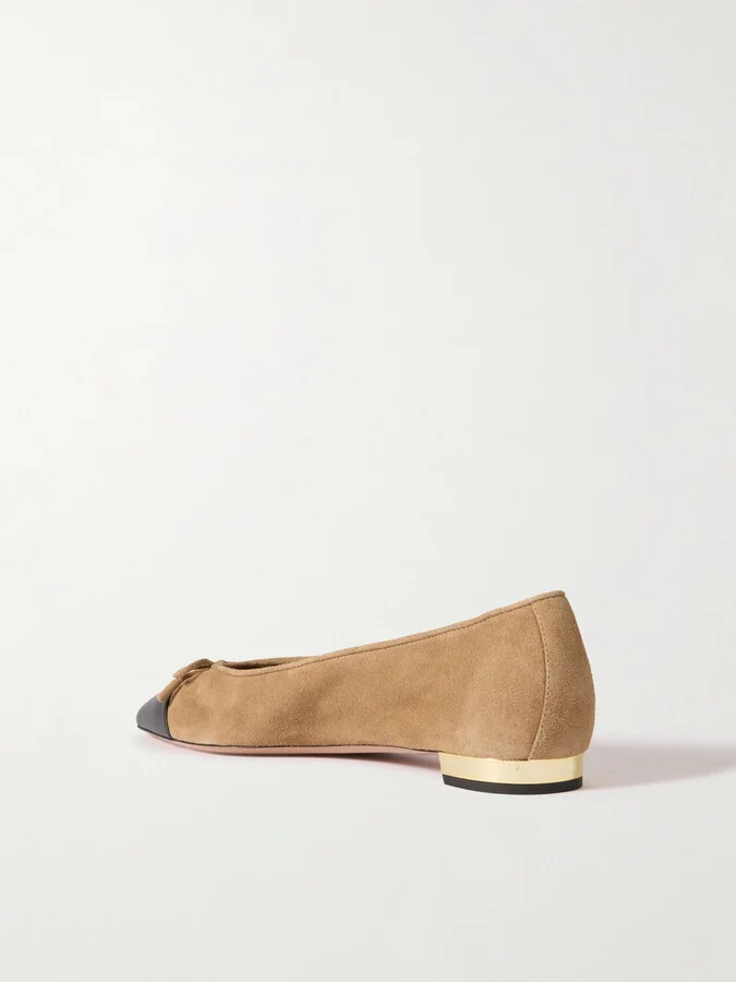 Aquazzura - Gioia Bow-detailed Leather-trimmed Suede Ballet Flats - Neutrals - Image 3