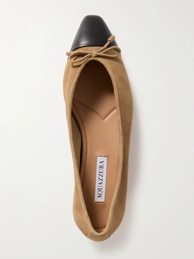 Aquazzura - Gioia Bow-detailed Leather-trimmed Suede Ballet Flats - Neutrals - Image 5