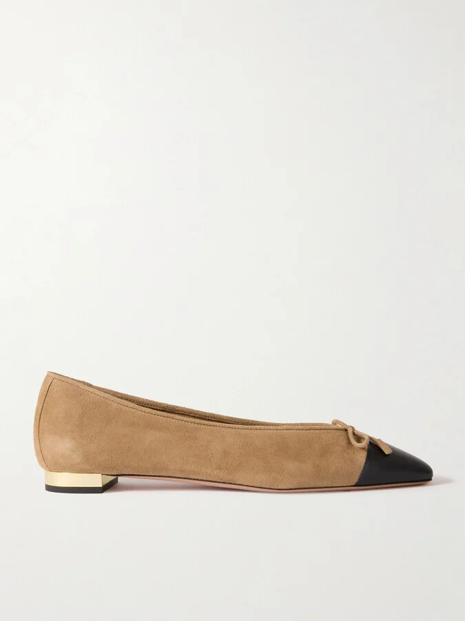 Aquazzura - Gioia Bow-detailed Leather-trimmed Suede Ballet Flats - Neutrals