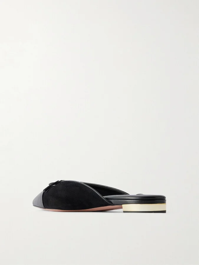 Aquazzura - Gioia Bow-embellished Leather-trimmed Suede Slippers - Black - Image 3