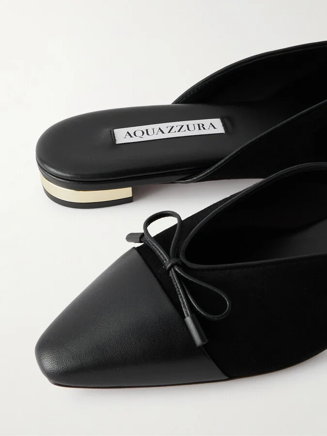Aquazzura - Gioia Bow-embellished Leather-trimmed Suede Slippers - Black - Image 4