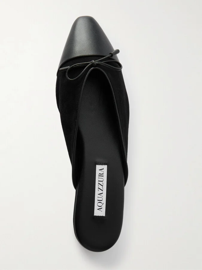 Aquazzura - Gioia Bow-embellished Leather-trimmed Suede Slippers - Black - Image 5