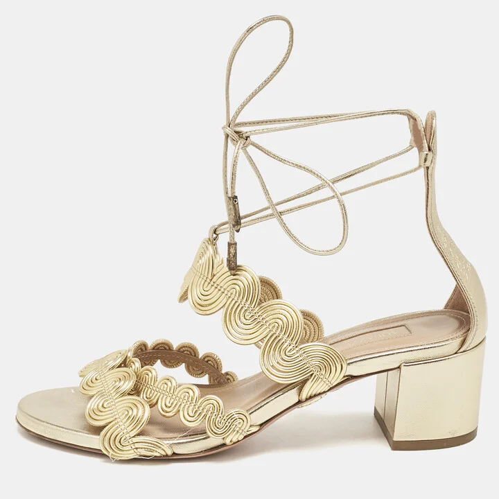 Aquazzura Gold Leather Ankle Strap Sandals Size 35.5