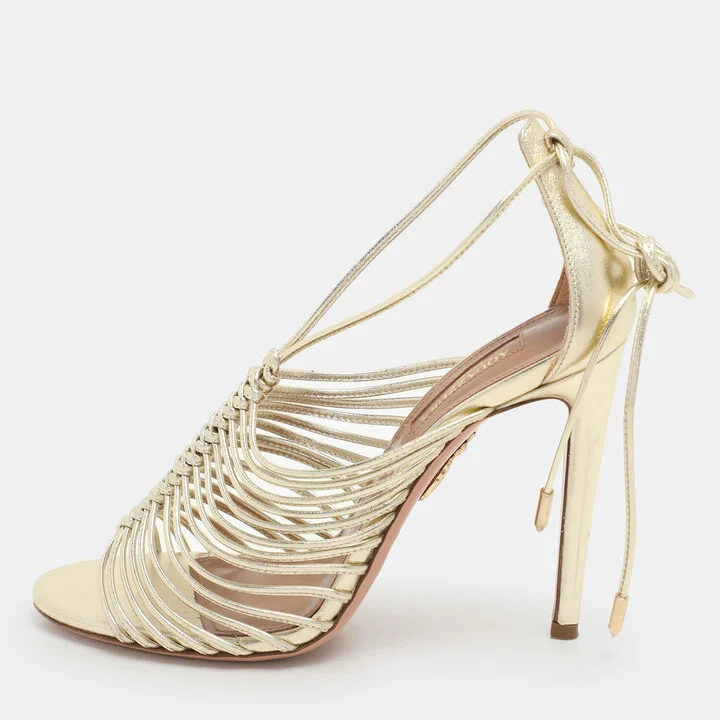 Aquazzura Gold Leather Nadja Strappy Ankle Wrap Sandals Size 36.5