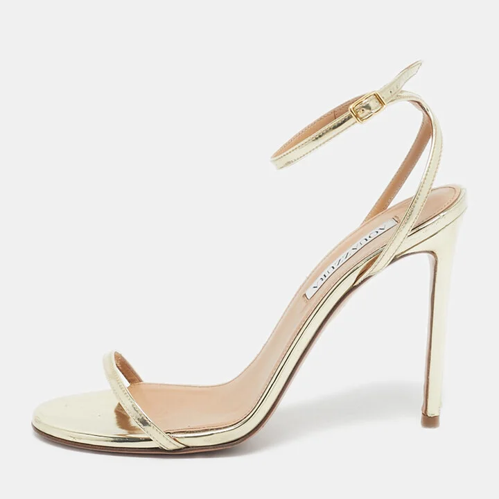 Aquazzura Gold Patent Leather Olie Ankle Strap Sandals Size 38