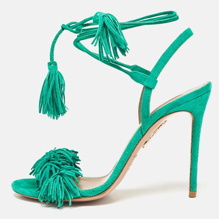 Aquazzura Green Suede Fringed Wild Thing Ankle Strap Sandals Size 36