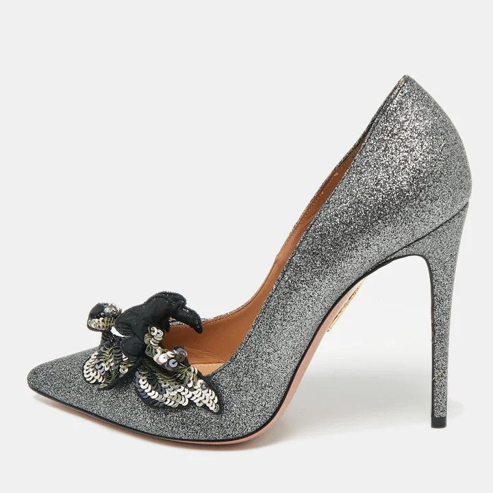 Aquazzura Grey Glitter Leather Poison Embellished Pumps Size 38.5