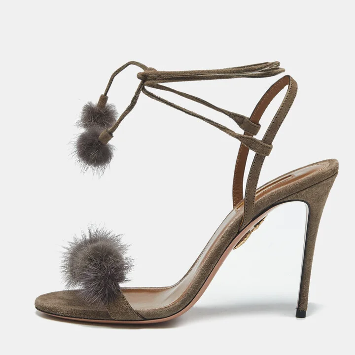 Aquazzura Grey Mink Fur and Suede Wild Russian Ankle Wrap Sandals Size 39