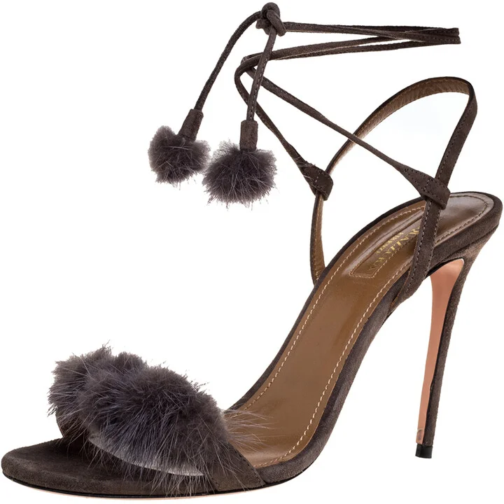 Aquazzura Grey Mink Fur and Suede Wild Russian Ankle Wrap Sandals Size 39