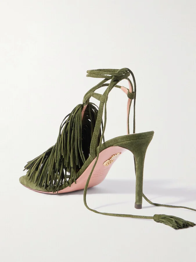 Aquazzura - Gytane 85 Fringed Suede Sandals - Green - Image 3