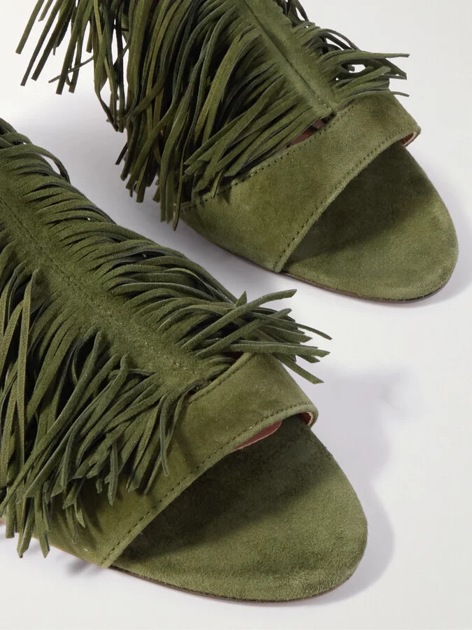Aquazzura - Gytane 85 Fringed Suede Sandals - Green - Image 4