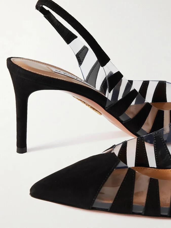 Aquazzura - Hot Rumor 75 Appliquéd Suede And Pvc Slingback Pumps - Black - Image 4