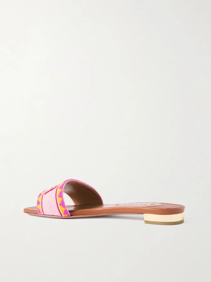 Aquazzura - Ibiza Beaded Leather Slides - Brown - Image 3
