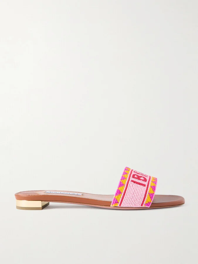 Aquazzura - Ibiza Beaded Leather Slides - Brown