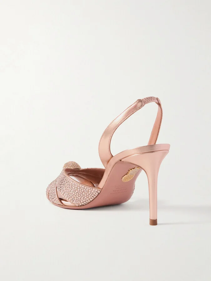 Aquazzura - Italian Flirt 75 Crystal-embellished Metallic Leather Slingback Sandals - Pink - Image 3