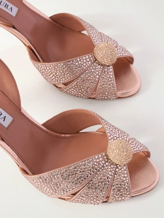 Aquazzura - Italian Flirt 75 Crystal-embellished Metallic Leather Slingback Sandals - Pink - Image 4