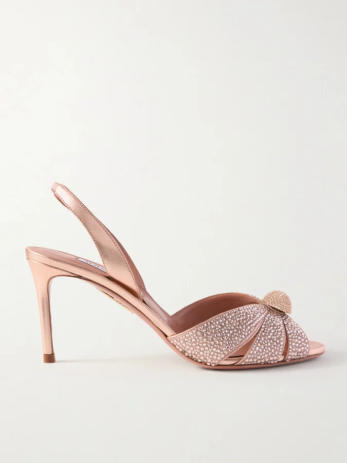 Aquazzura - Italian Flirt 75 Crystal-embellished Metallic Leather Slingback Sandals - Pink