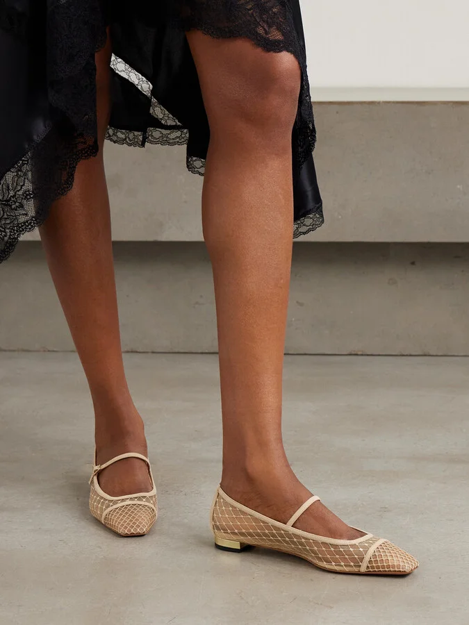 Aquazzura - Juliette Suede-trimmed Embroidered Mesh Mary Jane Ballet Flats - Neutrals - Image 2