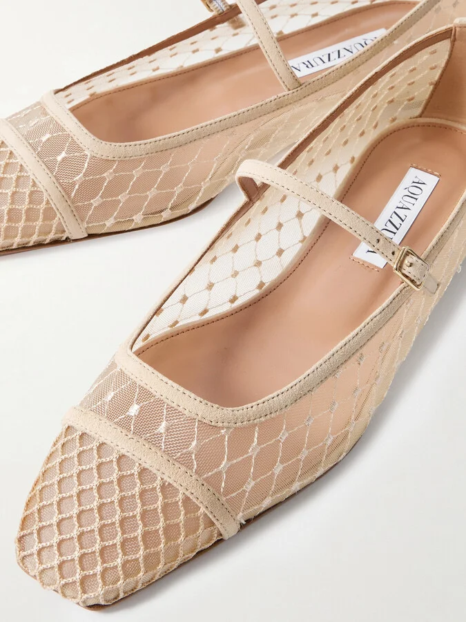 Aquazzura - Juliette Suede-trimmed Embroidered Mesh Mary Jane Ballet Flats - Neutrals - Image 4